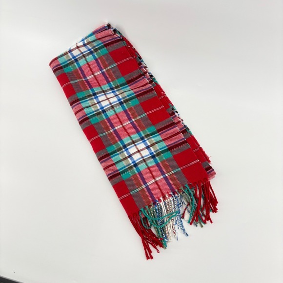 LANDS' END Plaid Scarf Red Green Acrylic Oblong Winter Anti Static Preppy Tartan - Picture 1 of 5